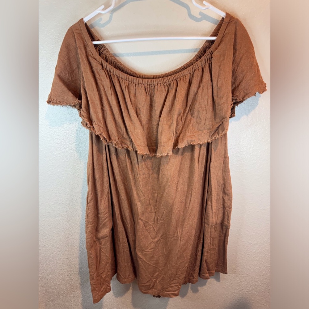 Free People Boho Brown Ruffled Relaxed Cotton Tunic Size S